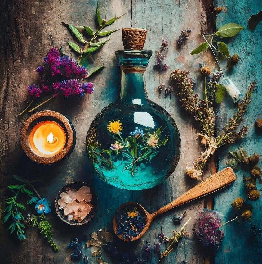 Frasco con flores y hierbas secas